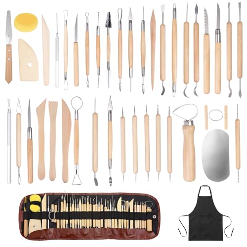 HARFINGTON 42pcs Pottery Tools Set Ceramic Clay Sculpting Trimming Kit, Modeling Carving Shaping Tool with Smooth Wooden Handles, Apron and Tool Bag, for Beginners and Professionals