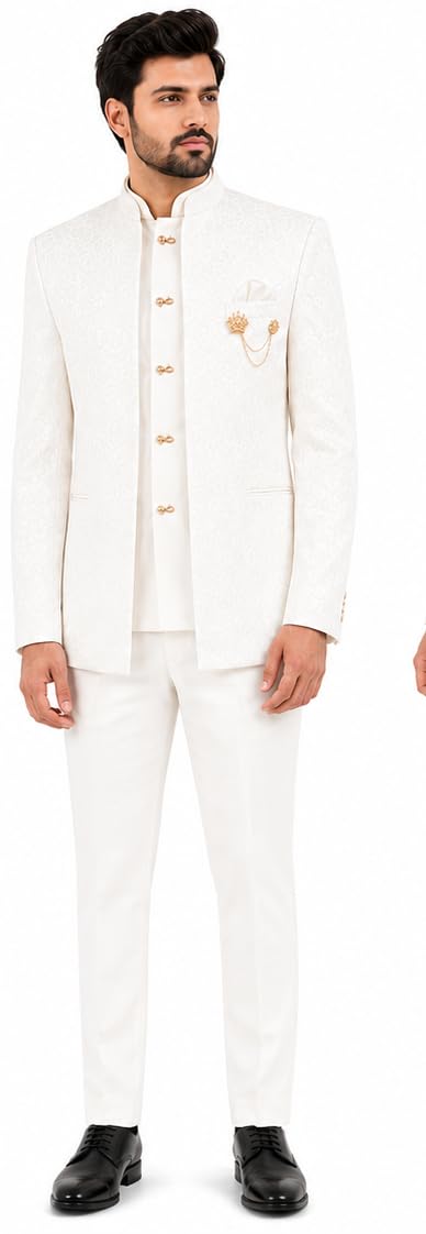 Devansh Collection Men's Achkan Sherwani XL White Dupion Silk Stitched Mandarin Collar Abstract Printed with Straight Pajama-image-2