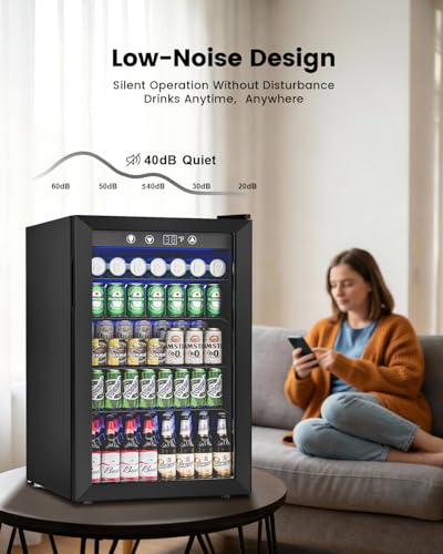 Image of Feelfunn 4.5 Cu.Ft Beverage Refrigerator Cooler - 145 Can Mini Fridge Glass Door for Soda Beer Wine, Small Refrigerator for Bedroom Office Home Bar, 4 Adjustable Shelves, Black