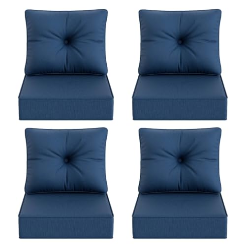 Image of DoCred Set of 4 Outdoor Chair Cushion, 6 inch Thick Patio Seat Cushion, Blue | 28D High Density Sponge Cushions & 7 inch Back Pillows with Fade and Water Resistant Cover for Patio Furniture Sofa Bench Swing