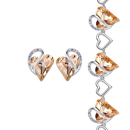 Leafael Infinity Love Heart Stud Earrings and Bracelet for Women, Healing Stone for Energy Crystal Jewelry, Silver Tone Gifts for Women, Carnelian Orange