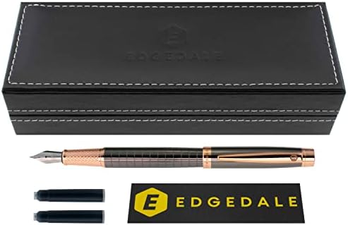 Edgedale Kirkbeck Fountain Pen, Gunmetal Grey with Rose Gold Trim, Smooth Flow Medium Nib, with 2 Black Ink Cartridges, Ink Refill Converter, PU Leather Executive Gift Box