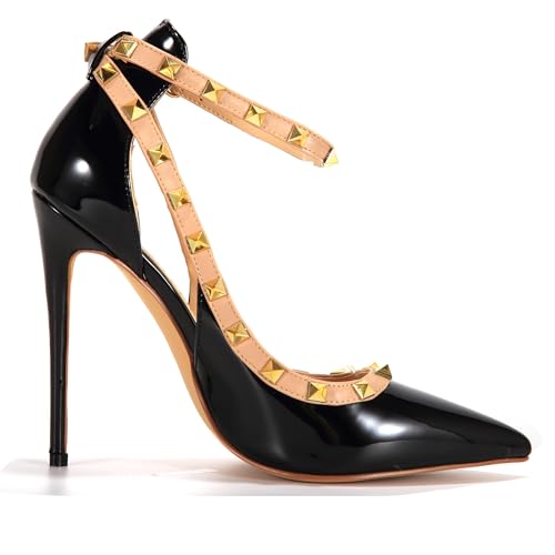 UP2STEP Women Fancy Pointed Closed Toe Rivets Ankle Strap Studded Stiletto Heels Pumps Wedding Dress Shoes3