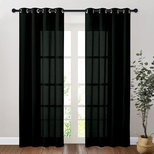 Image of Amazon Basics - Linen Textured Sheer Door Curtains | Light Filtering | 5 Feet | Set of 2 | Plain Design | for Living Room, Bedroom & Balcony | 150cm x 115cm, Color - Black