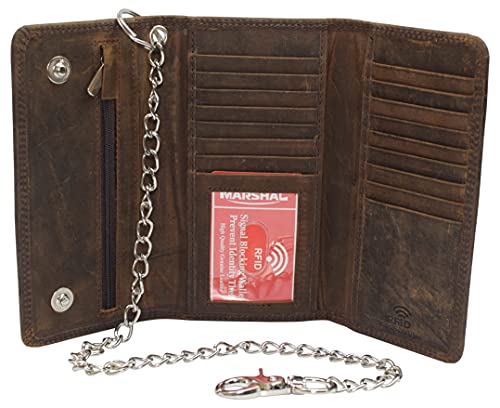 MARSHAL Men's RFID Signal Blocking Biker's Vintage Leather Long Tri-fold Silver Chain Checkbook Card ID Wallet (Brown)
