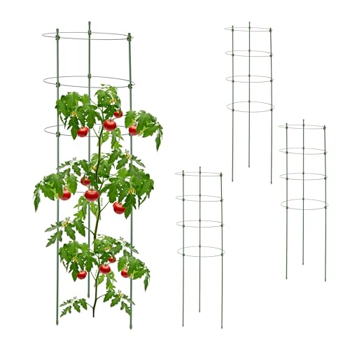 Relaxdays Tuteur à tomates, Lot de 4, 4 Anneaux, H x D : 91 x 28 cm, pour Plantes Utilitaires, métal & Plastique, Vert