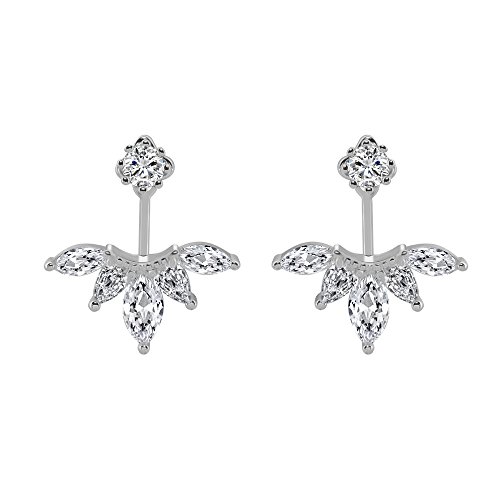 megko 925 Sterling Silver Cubic Zirconia Earrings Leaf Feather Ear Jacket Front Back Ear Cuffs Stud Earring(silver)