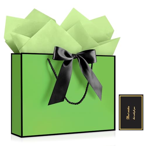 Image of JMANNI Gift Bags with Handles, 13 inch Medium Gift Bag for Presents, 1 Pcs Bags with 2 Tissue Paper and 1 Cards for Graduation Baby Shower Wedding Fathers Day Mother's Day Birthday Party (Green-Black)