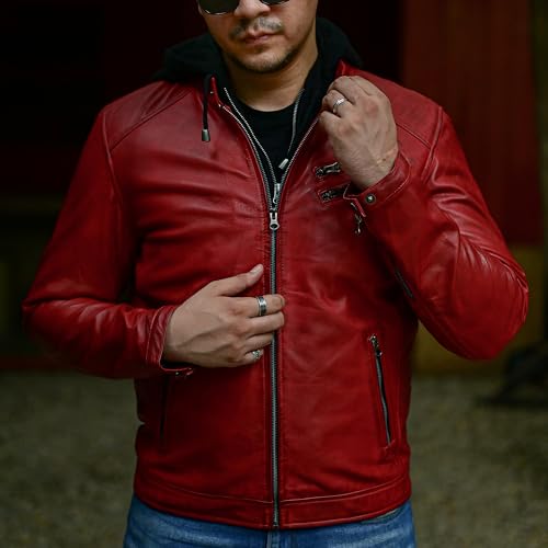 Image of Jild Hooded 2.0 Leather Jacket Men - Genuine Lambskin Leather Bomber Jacket with Removable Hood for Mens Fashion