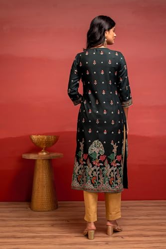 Image of Juniper Dark Green Festive Straight Kurta with Heritage Motifs