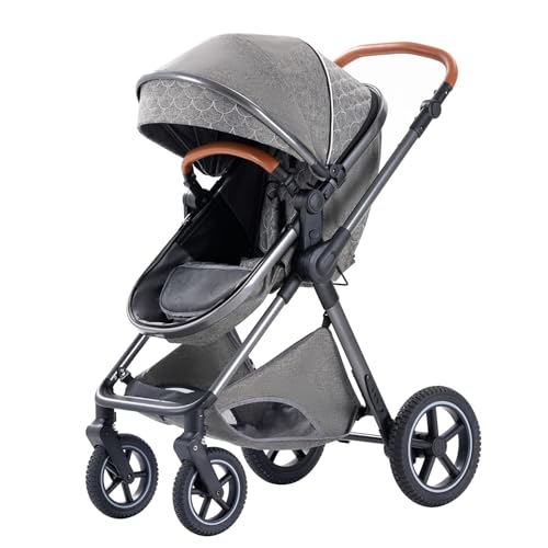 Shineey Kinderwagen 3 in 1,Puppenwagen Buggy Faltbarer Kinderwagen Set, Kombikinderwagen 3 in 1 mit Großer Bequemer Babywanne, Laufwagen Rahmen Aluminiumlegierun (H2 DEEPGREY, H2)