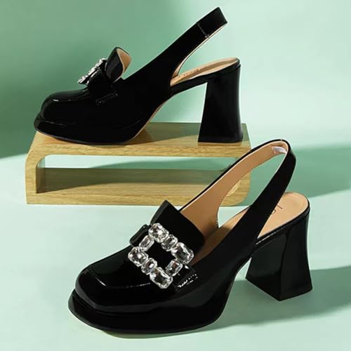 Slingback Pumps for Women Closed Square Toe Block Heel Rhinestone Mary Jane Shoes3