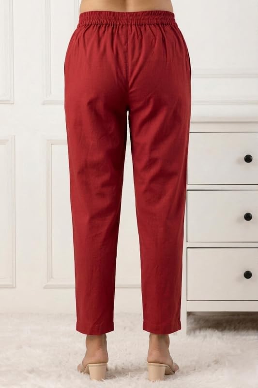 Image of Solid Cotton Woman Trousers Pants Regular Fit Kurti Pant with Drawstring Daily Office Formal Casual Use
