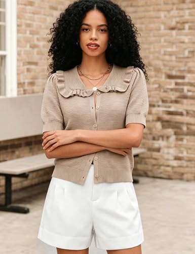 Image of Watashi Womens Ruffle Collar Puff Short Sleeve Cardigan Knit Crop Top | Peter Pan Collar Crochet Knitted Summer Fall Casual Work Wear Sweater
