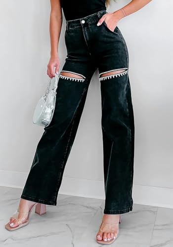 Unybwonn Women High Waist Baggy Ripped Jeans Rhinestone Trim Bling Denim Pants Y2k Straight Wide Leg Pants Streetwear4
