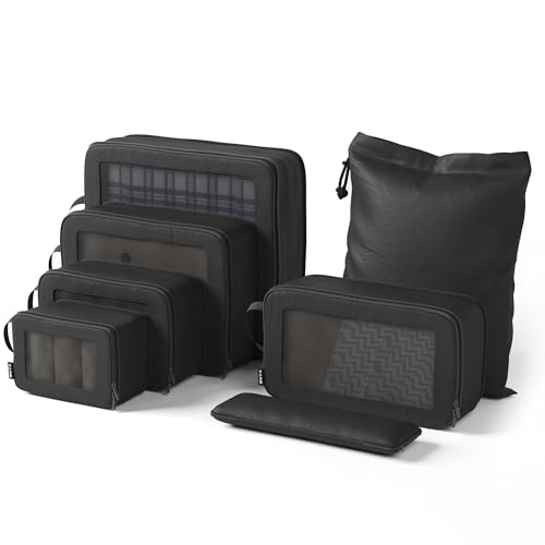 ONYX 7-teiliges Packing Cubes Compression Set inkl. Schuhbeutel bzw. Wäschesack – Packwürfel Kompression für bis zu 50% Platzersparnis, Koffer Organizer Set aus 900D Polyester, Schwarz