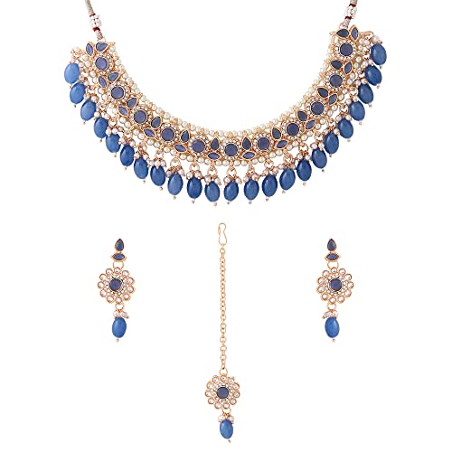 Image of Yellow Chimes Jewellery Set for Women and Girls Kundan Necklace Set Gold Plated Kundan Studded Blue Beads Drop Choker Necklace Set | Birthday Gift for girls and women Anniversary Gift for Wife