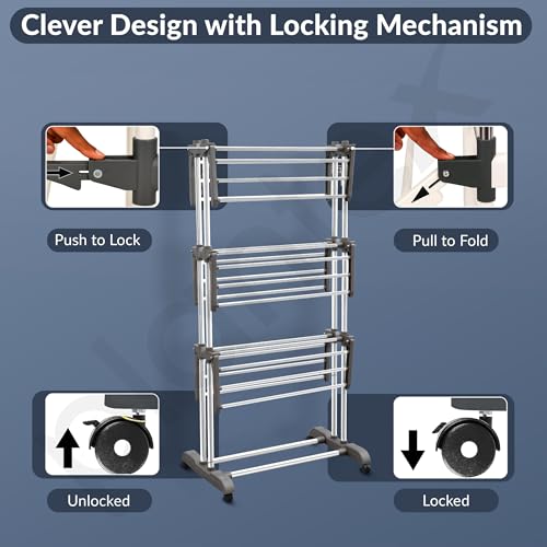 Image of Plantex Clothes Stand for Drying Clothes /Stainless Steel Cloth Drying Stand Folding /3 Layer Stand for Cloth Drying - Aeronest (Chrome & Gray)