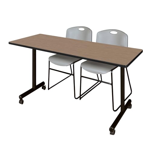 Image of Regency Kobe 66 x 24 in. Mobile T-Base Training Table- Noble Oak, 2 Zeng Stack Chairs- Grey
