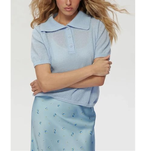 Women's Lapel Hollow Knitted Short Sleeved Sweater Bubble Sleeve T-Shirt Knitted Sweater4