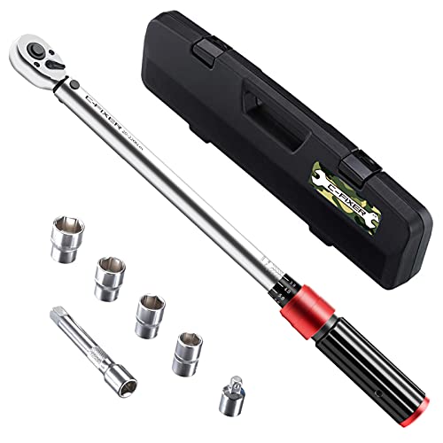 トルクレンチ プレセット型 車/バイク修理レンチ 差込角12.7mm(1/2インチ) 20-220N・m タイヤ交換 17/19/21/24mm 3/8変換ソケット付き ソケットレンチ ケース付き