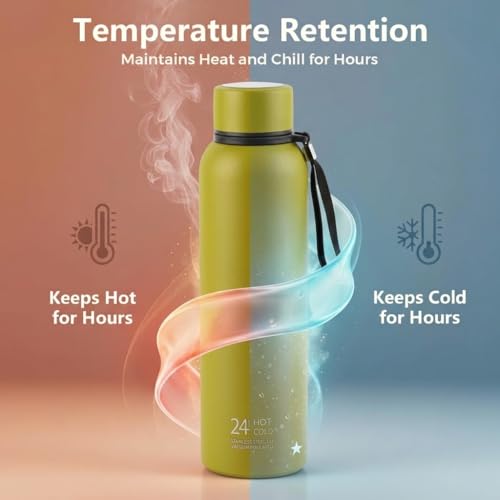 Image of CELLO Duro Kent Gen-X Stainless Steel Flask 720 ml Olive Green | Wide Mouth with Carrying Loop, Leak Proof Double Wall Vacuum Insulated Hot and Cold Flask Water Bottle for Office Gym Biking & Travel
