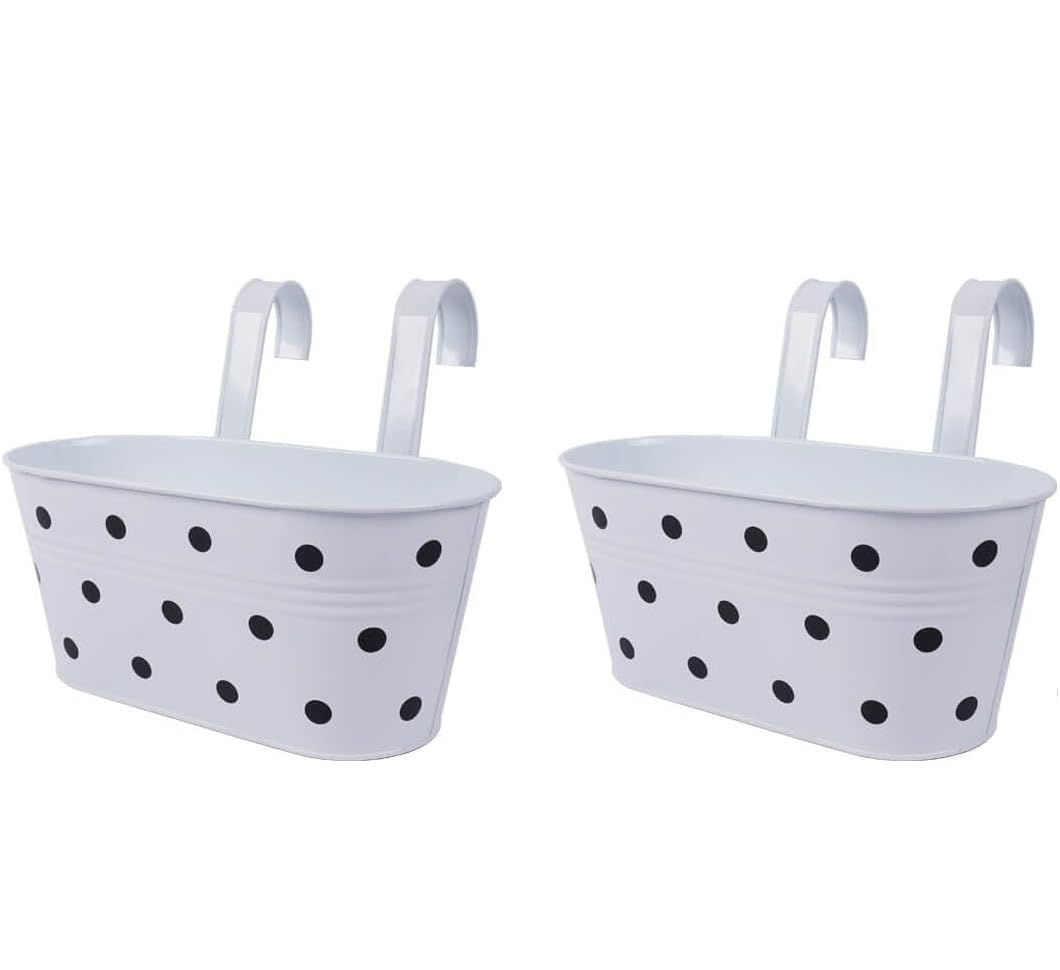 PRIME KRAFTS Polka Dots Metal Hanging Flowerpots for Balcony Railing Fence, Railing Planters with Detachable Hooks & Drainage Holes (White Dot - Pack of 2) (B0CSDSD9J6) Amazon Price History, Amazon Price Tracker