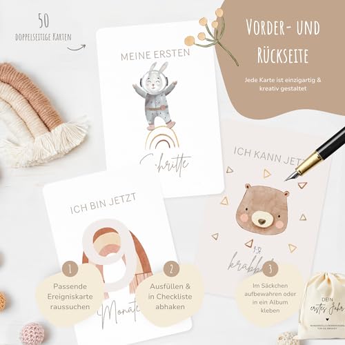 MeinBaby123® Meilensteinkarten Dein erstes Jahr | Meilenstein Karten Set Geschenk zur Geburt | Fotokarten für das erste Jahr | 50 Karten Inkl. Baumwollsäckchen (beige Boho)