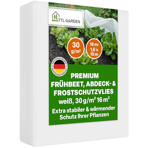 TTL GARDEN 16m² 1,6m x 10m Frühbeetvlies 30g/m² - atmungsaktives Wachstumsvlies Hochbeetvlies Frostschutz für Beet, Abdeckvlies, Insektenschutz, für alle Beete zum Schutz vor Frost und Schädlingen