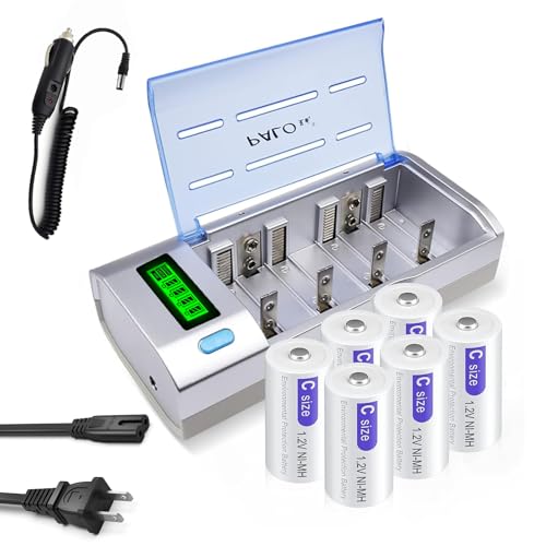 6 Pack C Rechargeble Batteries 1.2V 4000mAh NiMH with Universal LCD Battery Charger for AA AAA C D 9V NiMH NiCD Rechargeable Battery with Discharge Function