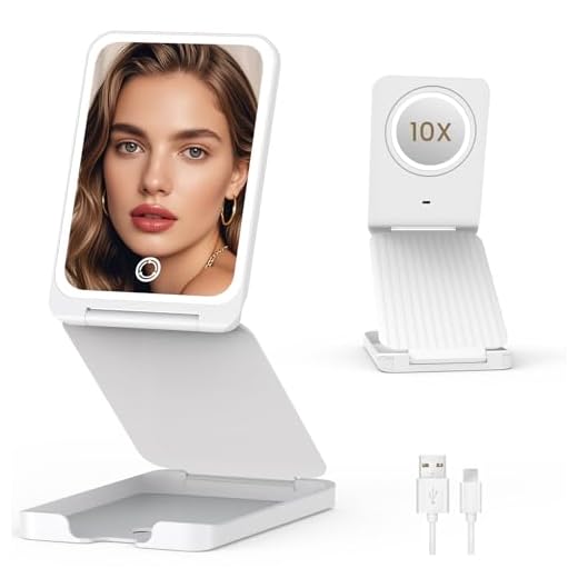 LAMPICK Travel Makeup Mirror with Lights, Foldable 1X Vanity Lighted Mirror with 10X Magnification, Rechargeable 1500mAh, Dimmable Touch Screen, Freely Adjust Height and Angle