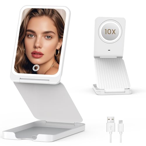 LAMPICK Travel Makeup Mirror with Lights, Foldable 1X Vanity Lighted Mirror with 10X Magnification...