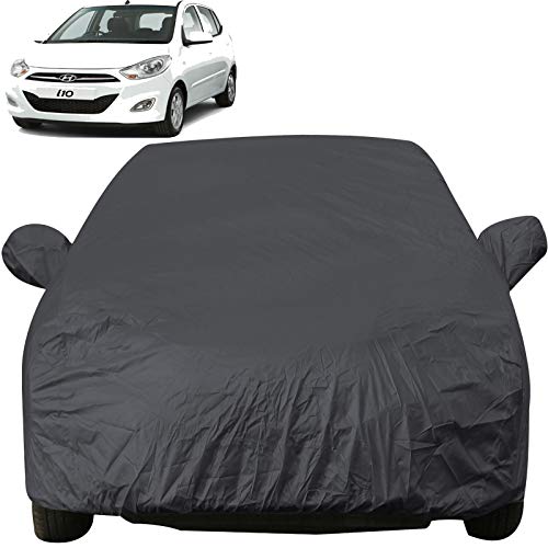 Image of Autofact Car Body Cover with Mirror Pockets Compatible for Hyundai i10 (Triple Stitched, Bottom Fully Elastic, Black Color)