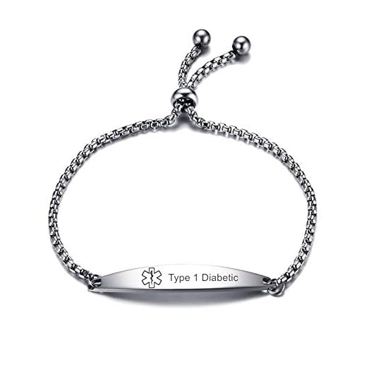 LiFashion CL Stainless Steel Type 1 Diabetic Medical Alert ID Sos Emergency Link Identification Bracelet for Men Women,Adjustable Diabetic Type 1 Medic Jewelry for Women Girls Kids,10-25cm