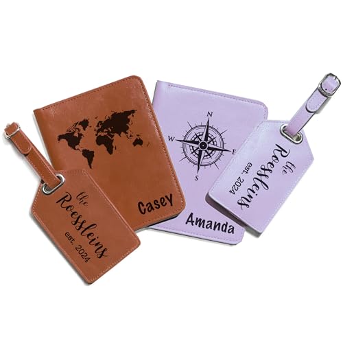 Personalized Durable Leather Passport Holder & Luggage Tag Set • Customized Father's Day Gift for Dad • Monogram, Name, Date, Photo, Logo • Dad Appreciation Gift • Men's Traveler Gift • Made in USA