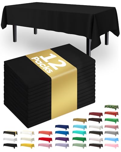 Pureegg Plastic Table Cloth Disposable 12 Pack, 54 x 108 Inch Table Cloths, Party, Picnic, Halloween, Decorative Tablecloths, Rectangle, White Plastic Cover, Leakproof & Sturdy, Black