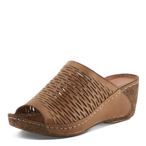 Spring Step Cunacena Women's Leather Slip On Wedge Sandal | Low Heel Sandals for Women with Die Cut Lattice, Stretch Upper, Breathable Lining