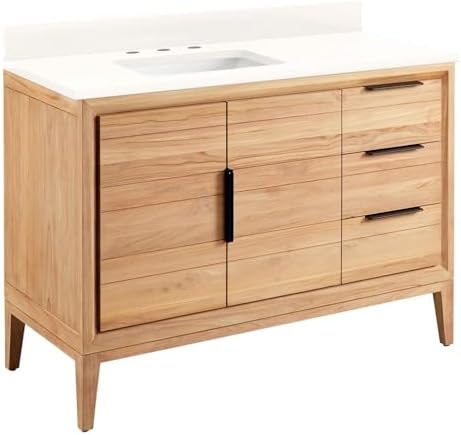 Signature Hardware 950739 Aliso 48" Freestanding Teak Single Basin Vanity Set with Cabinet, Vanity Top, and Rectangular Undermount Sink - 8" Widespread Faucet Holes - Natural Teak/Arctic White