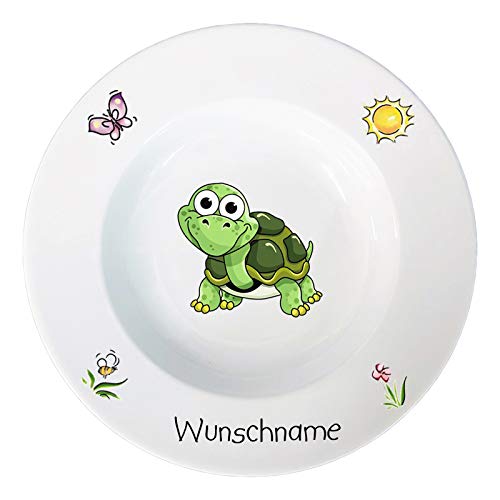 Kindergeschirr Speiseservice 2-tlg. Suppenteller und Speiseteller Kinder Service Set aus Porzellan personalisierbar mit Wunschname Name Kindergeschirr mit Namen personalisiert (Schildkröte)