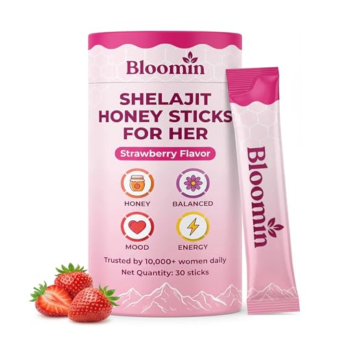 Vlsdoin Bloomin Honey Sticks with Shilajit Shatavari & Saffron Strawberry Honey Supplement for Women Hormonal Balance Focus & Stamina Non-GMO 30 Sticks (Strawberry)