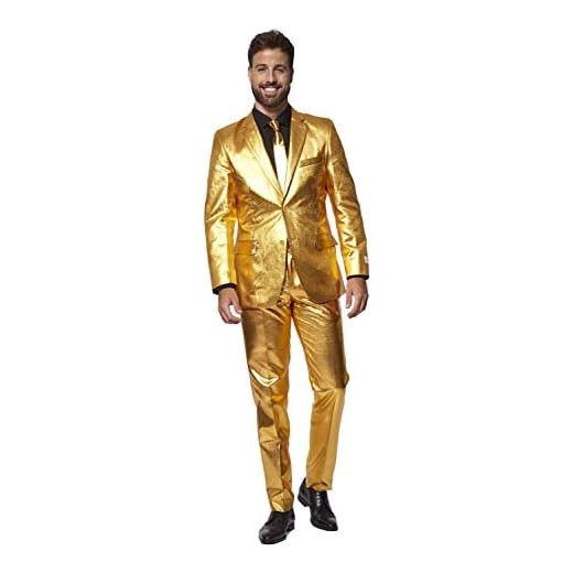 Opposuits Men's Gold Party Suit - New Years and Christmas Party Costume - Golden Metallic - Includes Matching Jacket, Pants, Tie - Size US 44