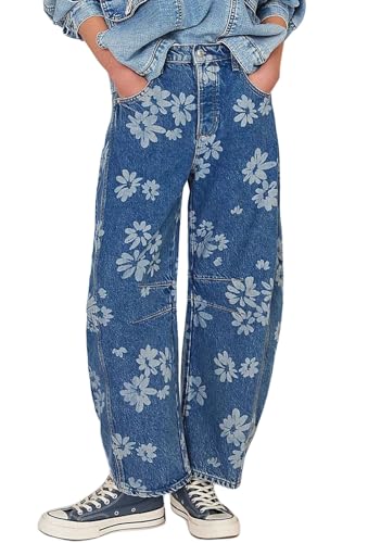 GGUHHU Distressed Barrel Jeans for Women Y2K Wide-Leg Baggy Denim Pants Boyfriend Floral Trousers (X-Large, Floral)