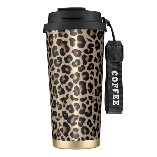 YXDVPALNE Imprimé léopard,Tasse à café isotherme en acier inoxydable 316 avec cordon, 500 ml, idéale pour les voyages en voiture