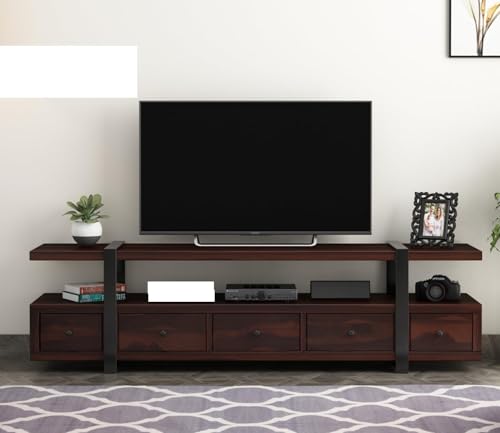 Image of Rustic Sheesham Wood & Metal TV Unit with 5 Drawers, 1 Shelf, and Storage for up to 70-inch TV - Perfect for Your Living Room (Henry, Walnut Finish)