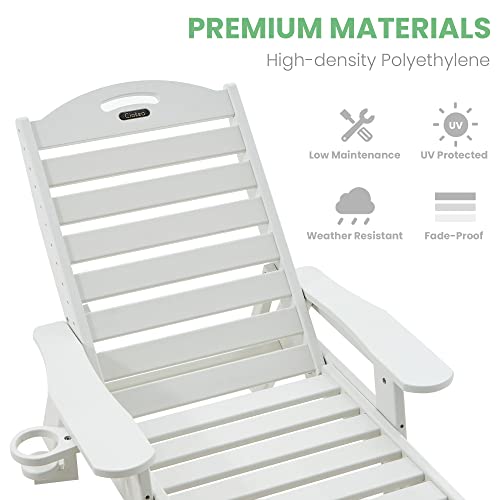 Chaise Lounge For Outdoor, Patio Lounge Chairs For Outside, Chaise Lounge Chair With 6 Positions, Hdpe Lounge Chair With Cup Holder For Pool Poolside Deck Backyard Lawn, White #TOP4
