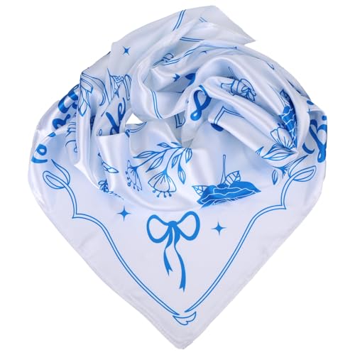 Bride Head Scarf, 23.62x23.62in Bachelorette Bandana White and Blue Silk Hat Scarf Elegant Bridal Hijab Wedding Handkerchief Bridesmaid Headwear for Bridal Shower Beach Party Accessory
