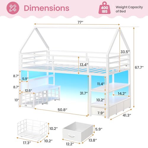 ADORNEVE Low Loft Bed Twin Size with 5 Storage Drawers, Twin Loft Bed with Bookcase & LED Lights, Open Storage Shelves, Metal House Bed with Safety Guardrail & Under-Bed Play Space for Kids, White - Thumbnail 2