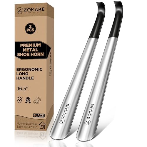 ZOMAKE Calzador de Acero Inoxidable Largo 42CM - Metalico Calzadores Largos 2 Piezas,Con Una Cáscara Negra Para Personas Mayores Mujer embarazada(Plata)