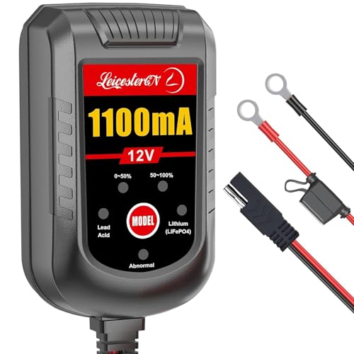 Motorcycle Battery Charger and Maintainer 12V, 1.1Amp Smart Trickle Charger - Automatic Float Charger for Cruiser Sport Bike ATV Scooter Dirt Bike Lawn Mower, LiFePO4 Lithium Lead Acid AGM Gel
