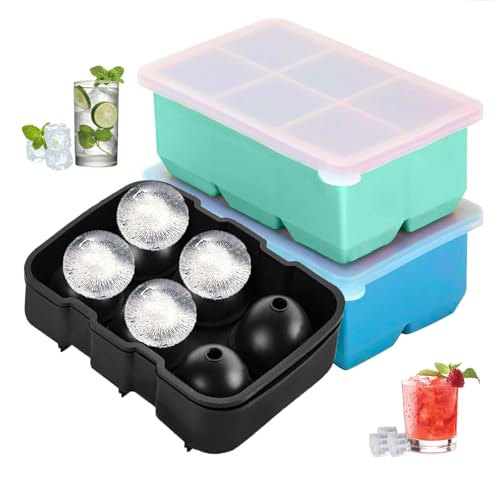 Image of Silicone Ice Cube Trays 2-in-1 Combo: Large Square Ice Cube Molds with Leak-Proof Lid & Ice Ball Maker (6 Spheres + 12 Cubes) |, Stackable & Flexible for Cocktails & Whiskey